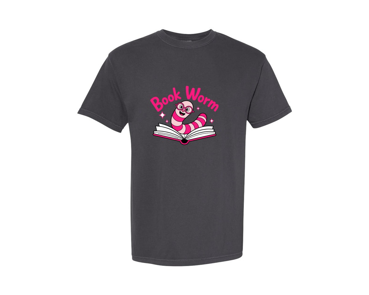 brand:Comfort Colors|color:Graphite|Pink Striped Bookworm Graphic T-Shirt