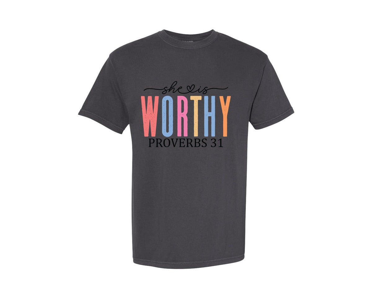 brand:Comfort Colors|color:Graphite|She Is Worthy Religious Graphic T-Shirt