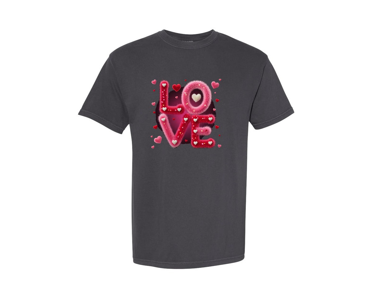 brand:Comfort Colors|color:Graphite|Furry Love Sign With Hearts Graphic T-Shirt