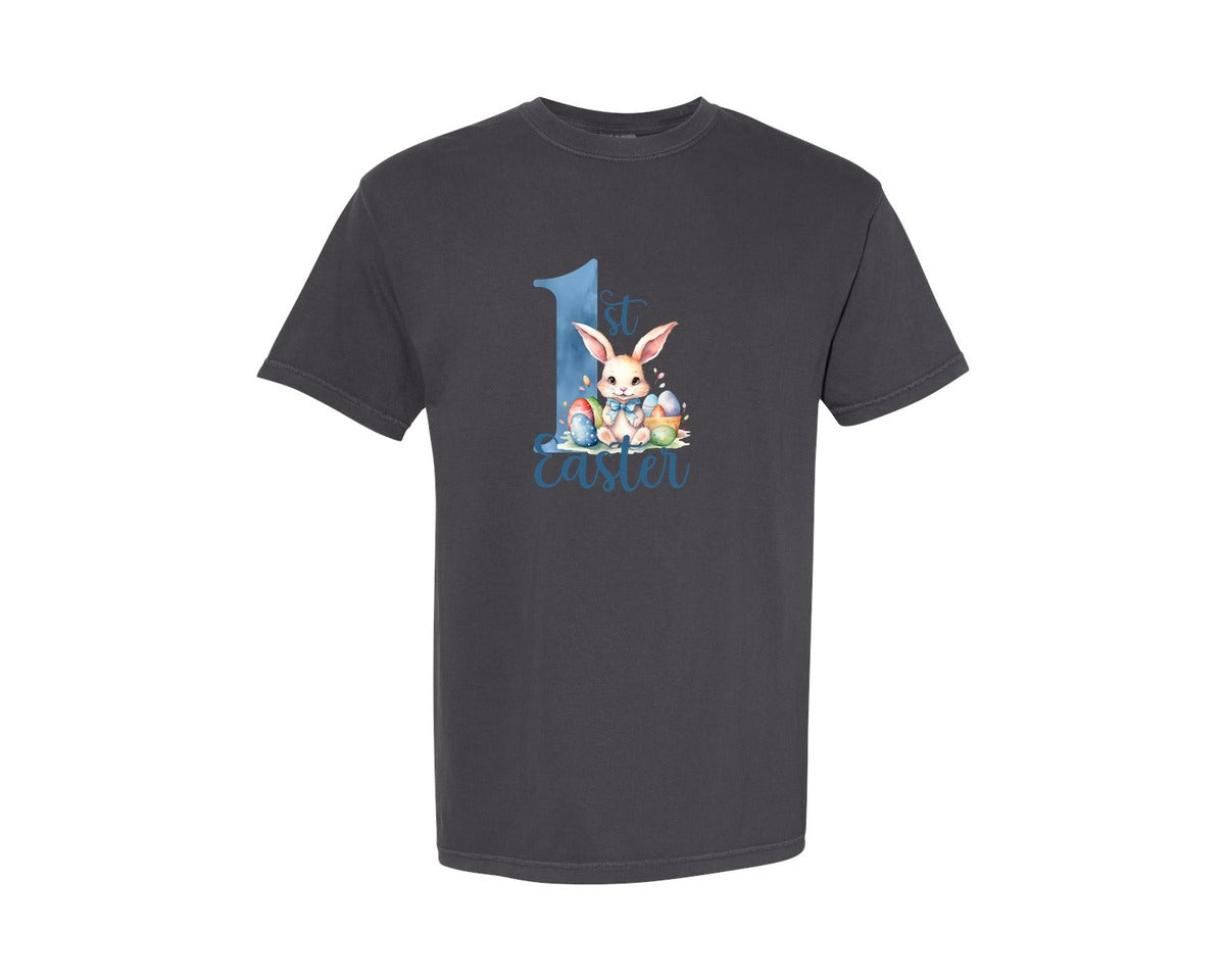 brand:Comfort Colors|color:Graphite|Blue 1St Easter Bunny Easter Graphic T-Shirt