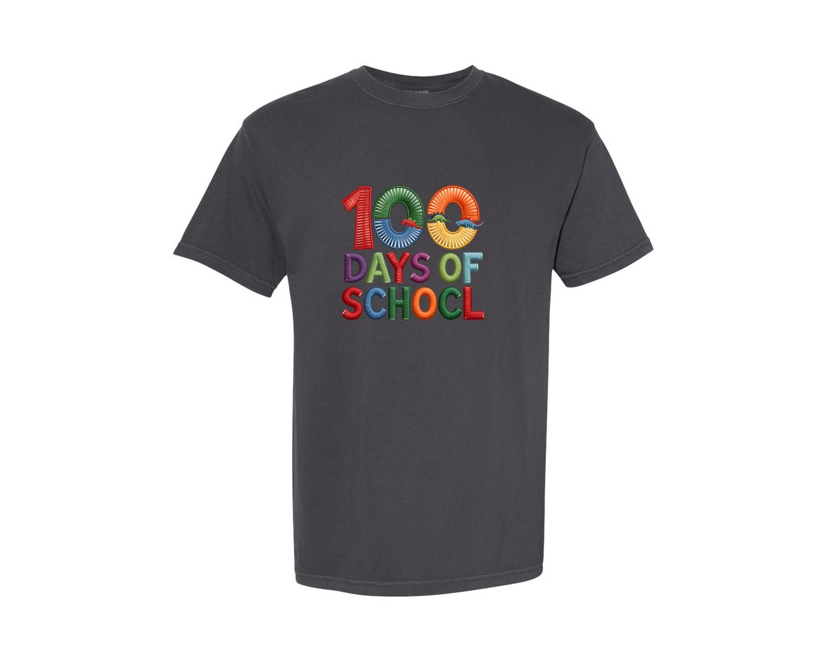 brand:Comfort Colors|color:Graphite|100 Days Of School Embroidery 4 Graphic T-Shirt