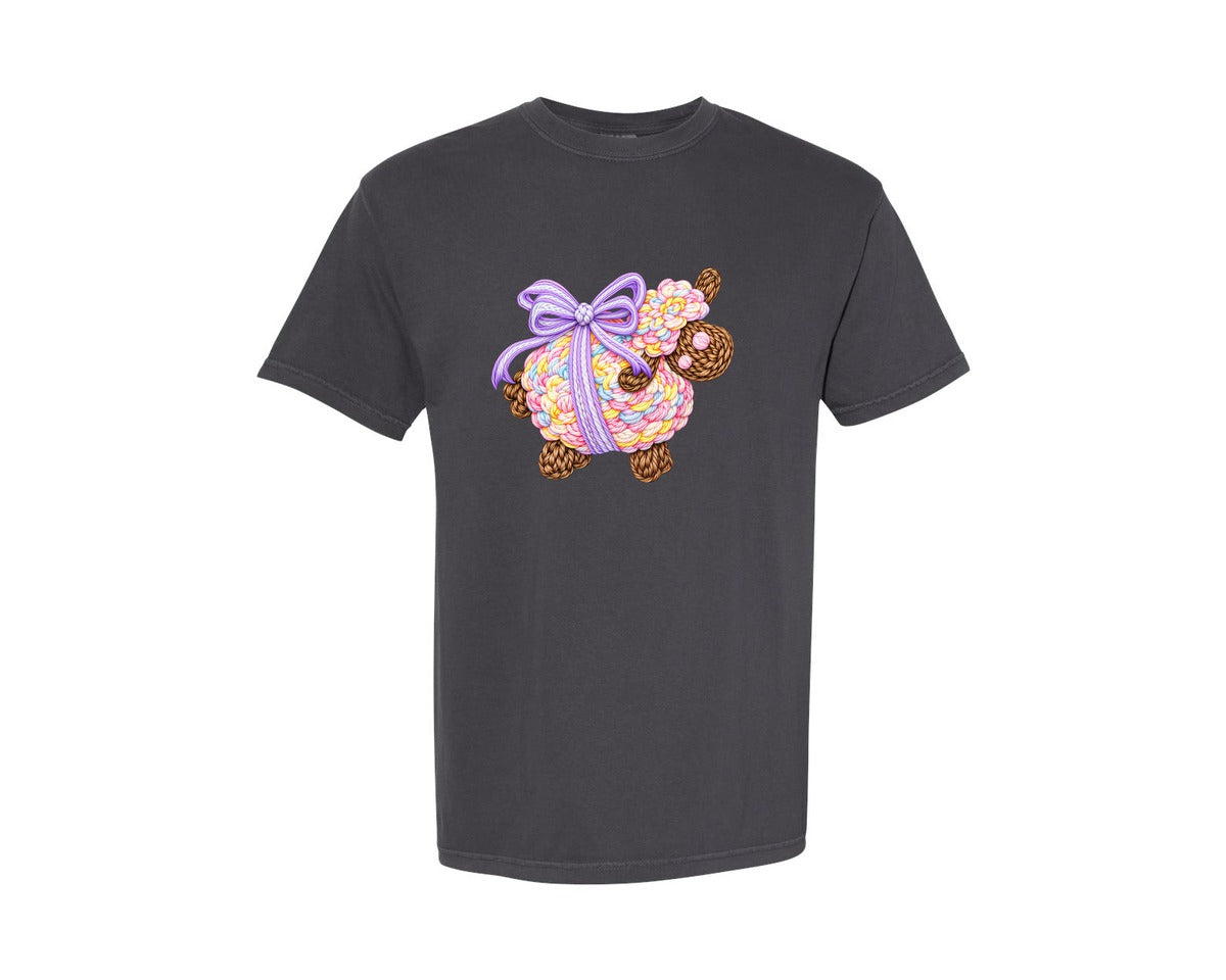 brand:Comfort Colors|color:Graphite|Faux Crochet Brushstroke Easter Lamb Graphic T-Shirt