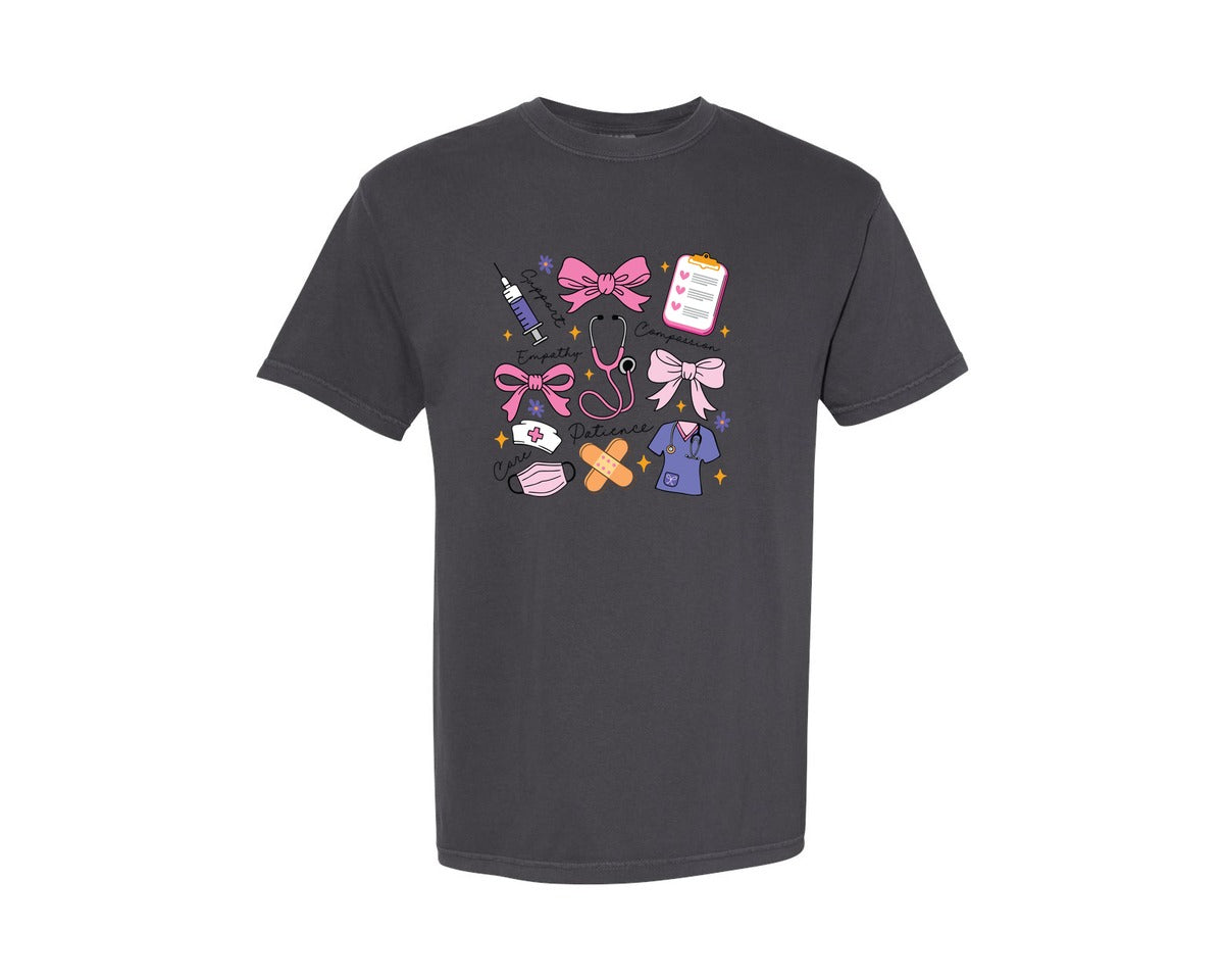 brand:Comfort Colors|color:Graphite|Coquette Nurse Health Care Worker 3 Graphic T-Shirt
