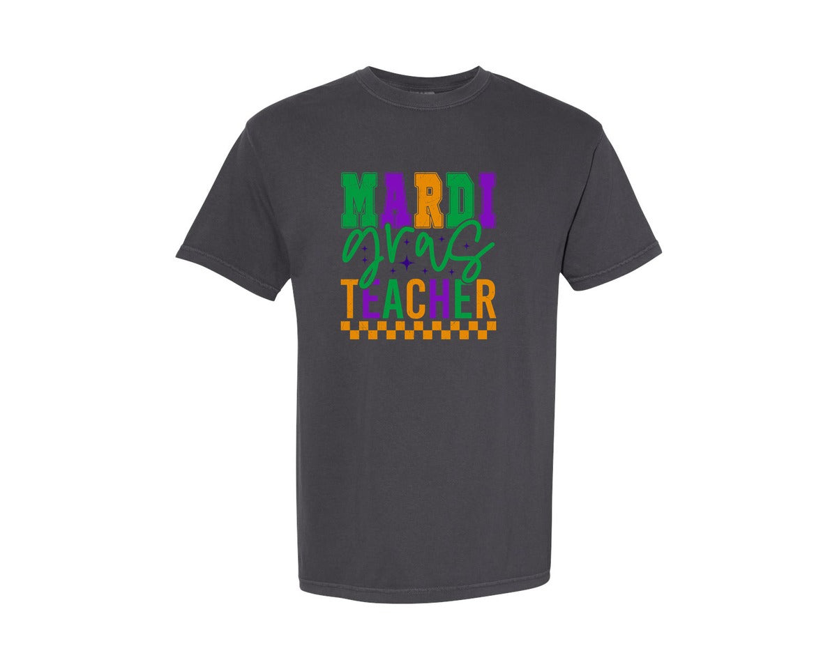 brand:Comfort Colors|color:Graphite|Mardi Gras Mardi Gras Teacher 2 Graphic T-Shirt