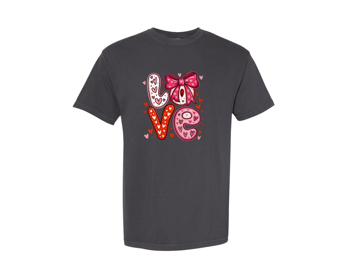 brand:Comfort Colors|color:Graphite|Preppy Coquette Valentines Day Love 4 Graphic T-Shirt