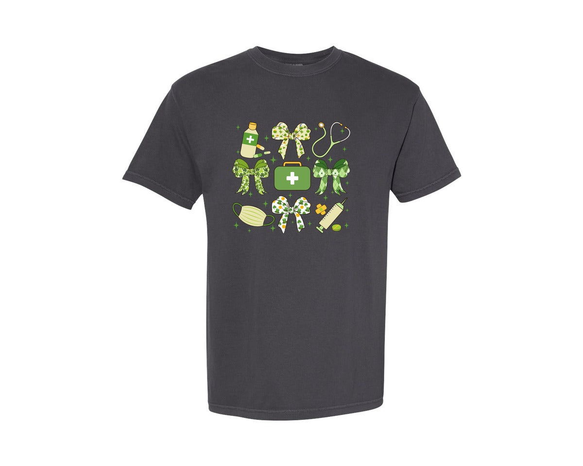 brand:Comfort Colors|color:Graphite|St Patricks Nurse Icons Collage Graphic T-Shirt