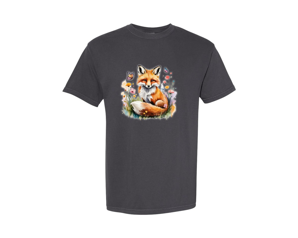 brand:Comfort Colors|color:Graphite|Watercolor Fox With Flowers Spring Graphic T-Shirt