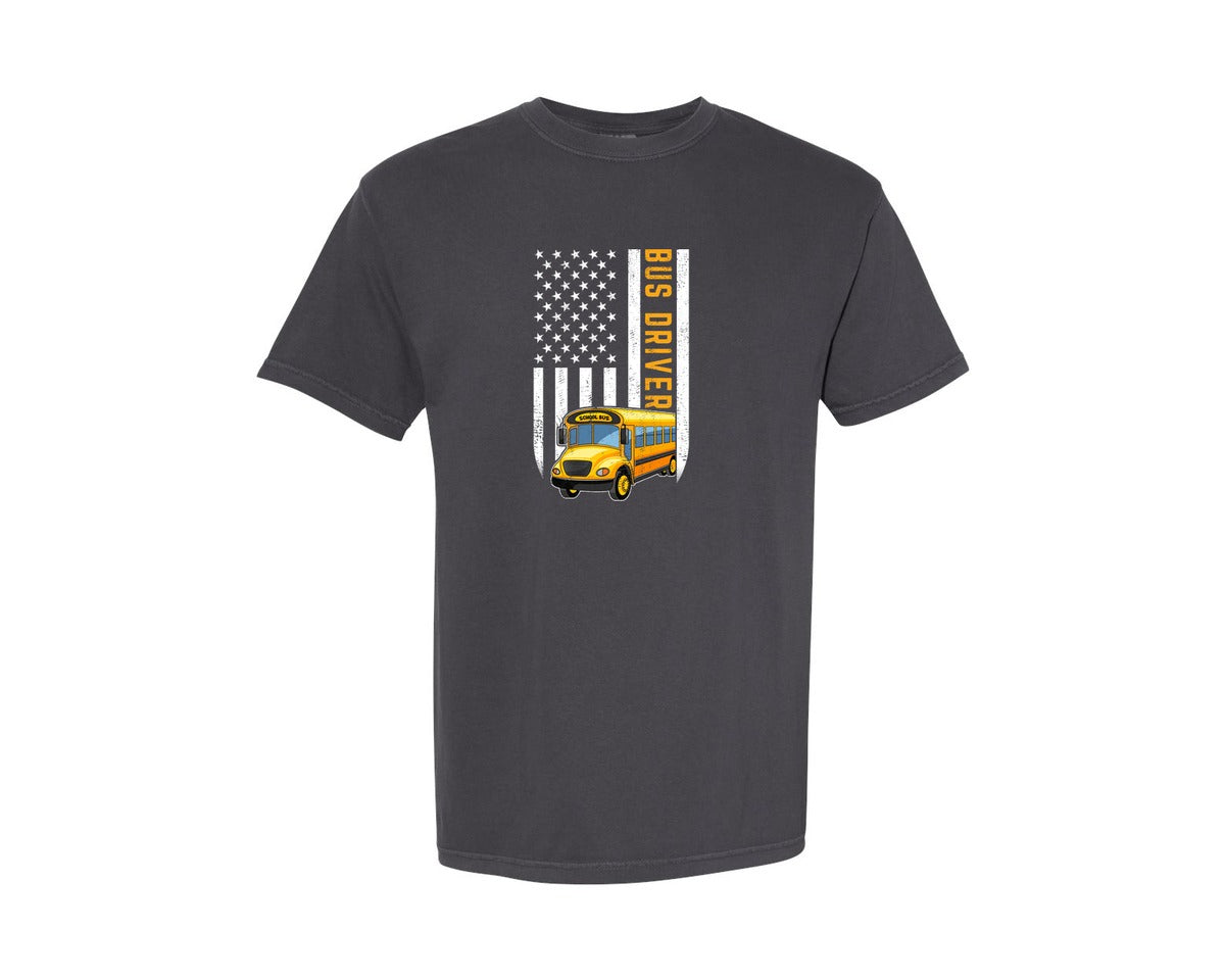 brand:Comfort Colors|color:Graphite|School Bus Driver Usa American Flag 2 Graphic T-Shirt