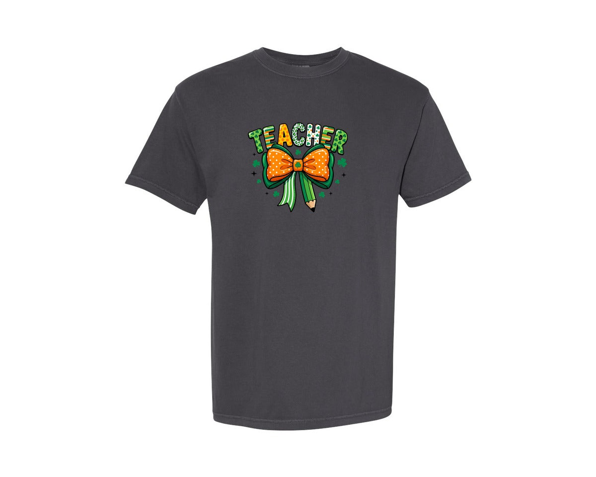 brand:Comfort Colors|color:Graphite|Teacher Shamrock Bow St Patricks Graphic T-Shirt