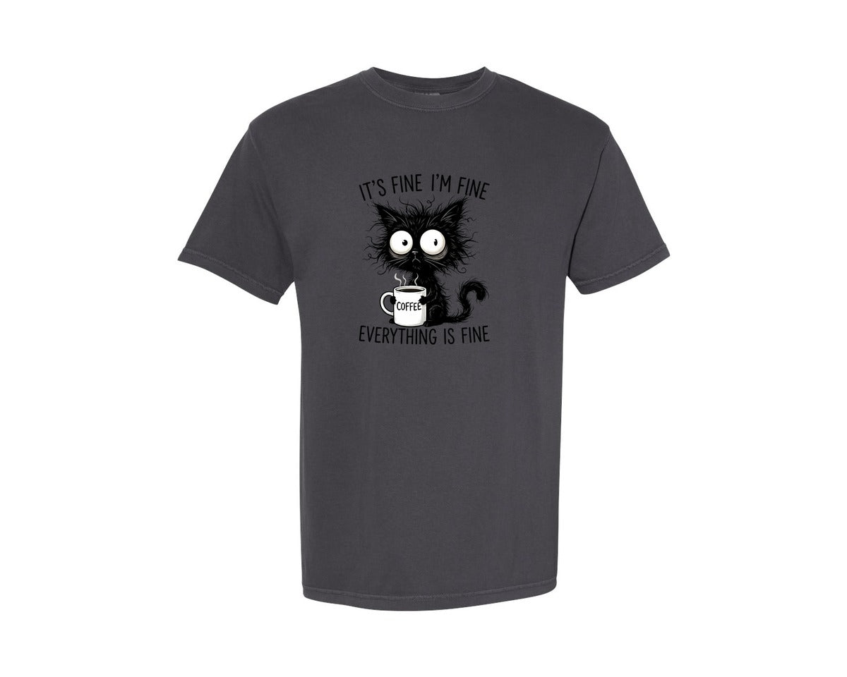 brand:Comfort Colors|color:Graphite|Funny Coffee Cat Design Graphic T-Shirt
