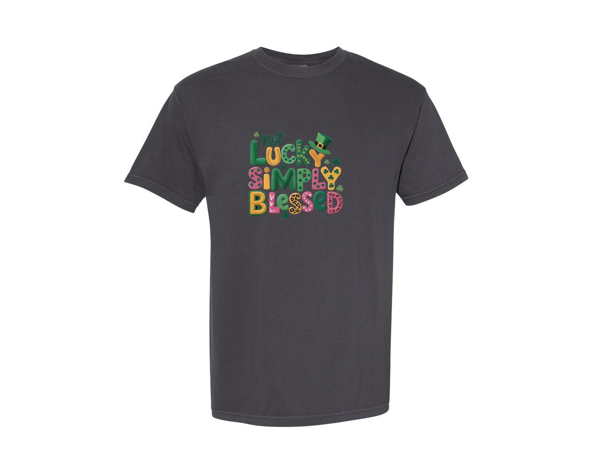 brand:Comfort Colors|color:Graphite|Latch Hook Yarn Not Lucky Simply Blessed Graphic T-Shirt