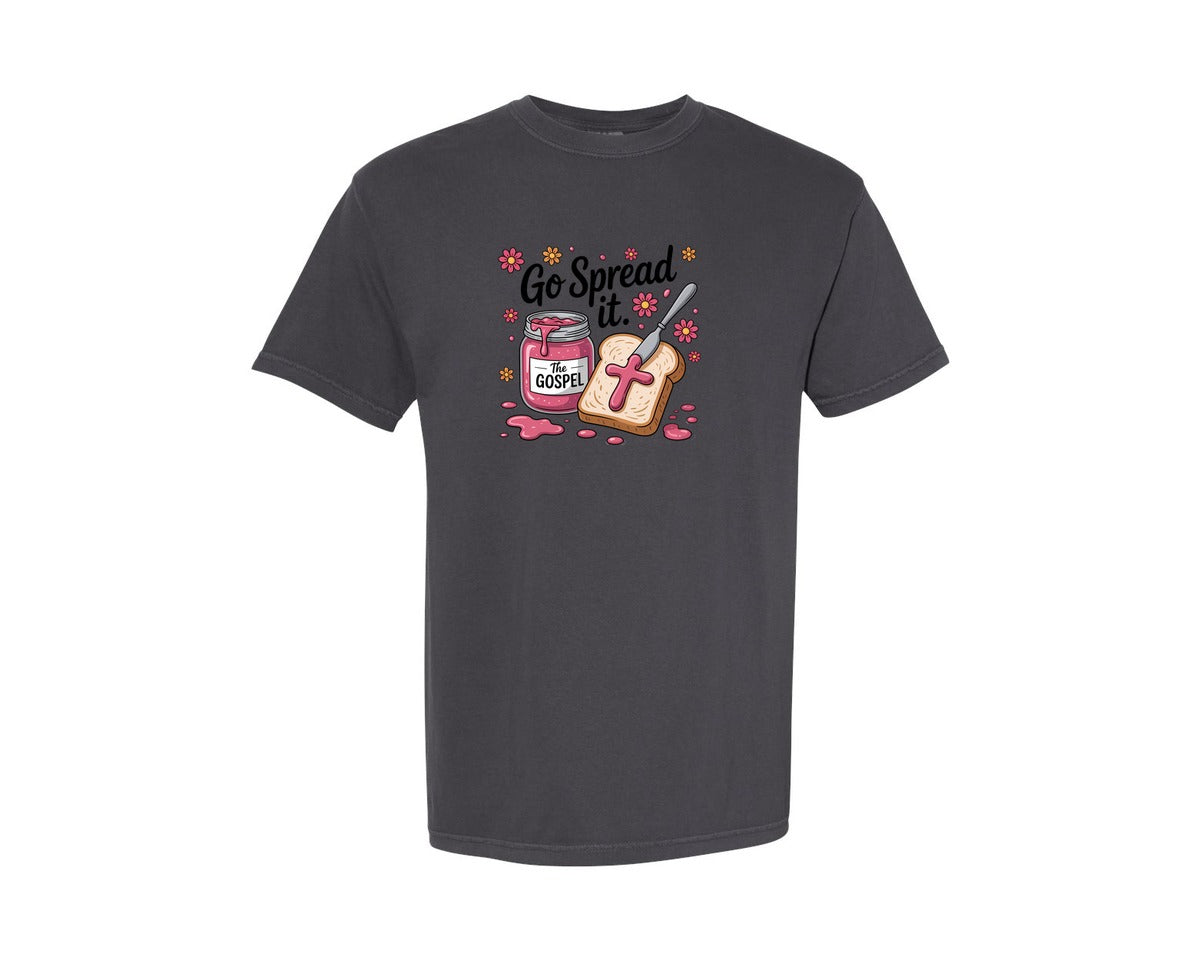 brand:Comfort Colors|color:Graphite|Go Spread It Gospel Christian Faith Jam Graphic T-Shirt