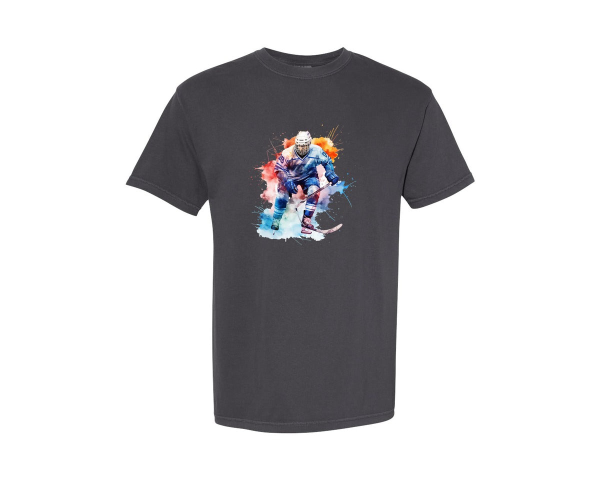 brand:Comfort Colors|color:Graphite|Colorful Hockey Player 3 Graphic T-Shirt