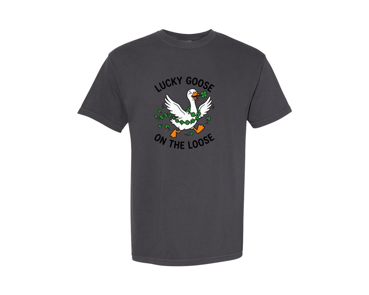 brand:Comfort Colors|color:Graphite|Lucky Goose On The Loose St Patrick Graphic T-Shirt