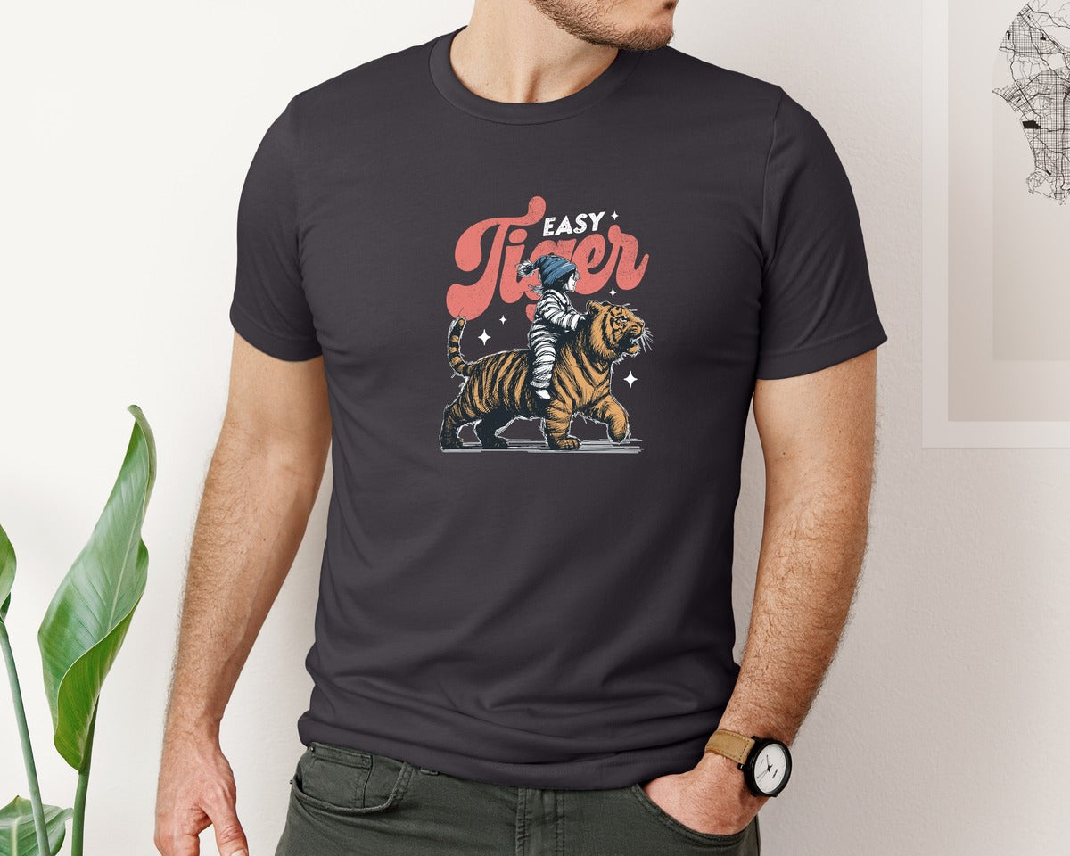 brand:Bella Canvas|color:Heather Dark Grey|Retro Little Girl Ride Tiger Shirt Graphic T-Shirt