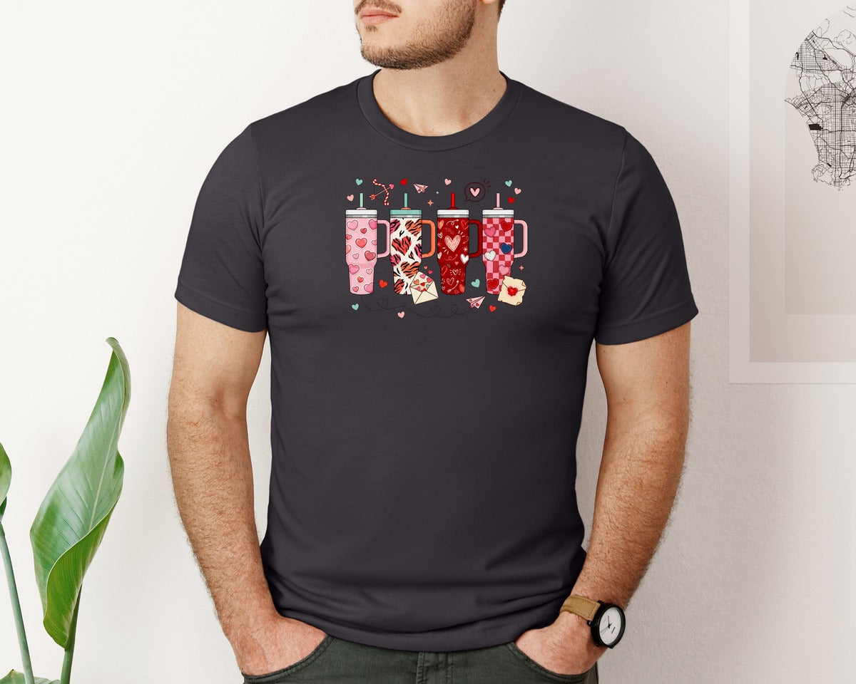 brand:Bella Canvas|color:Heather Dark Grey|Cute Valentine Heart Pattern Tumbler Graphic T-Shirt