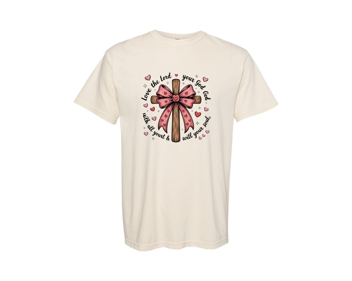 brand:Comfort Colors|color:Ivory|Coquette Valentine Jesus Valentine Bow 2 Graphic T-Shirt