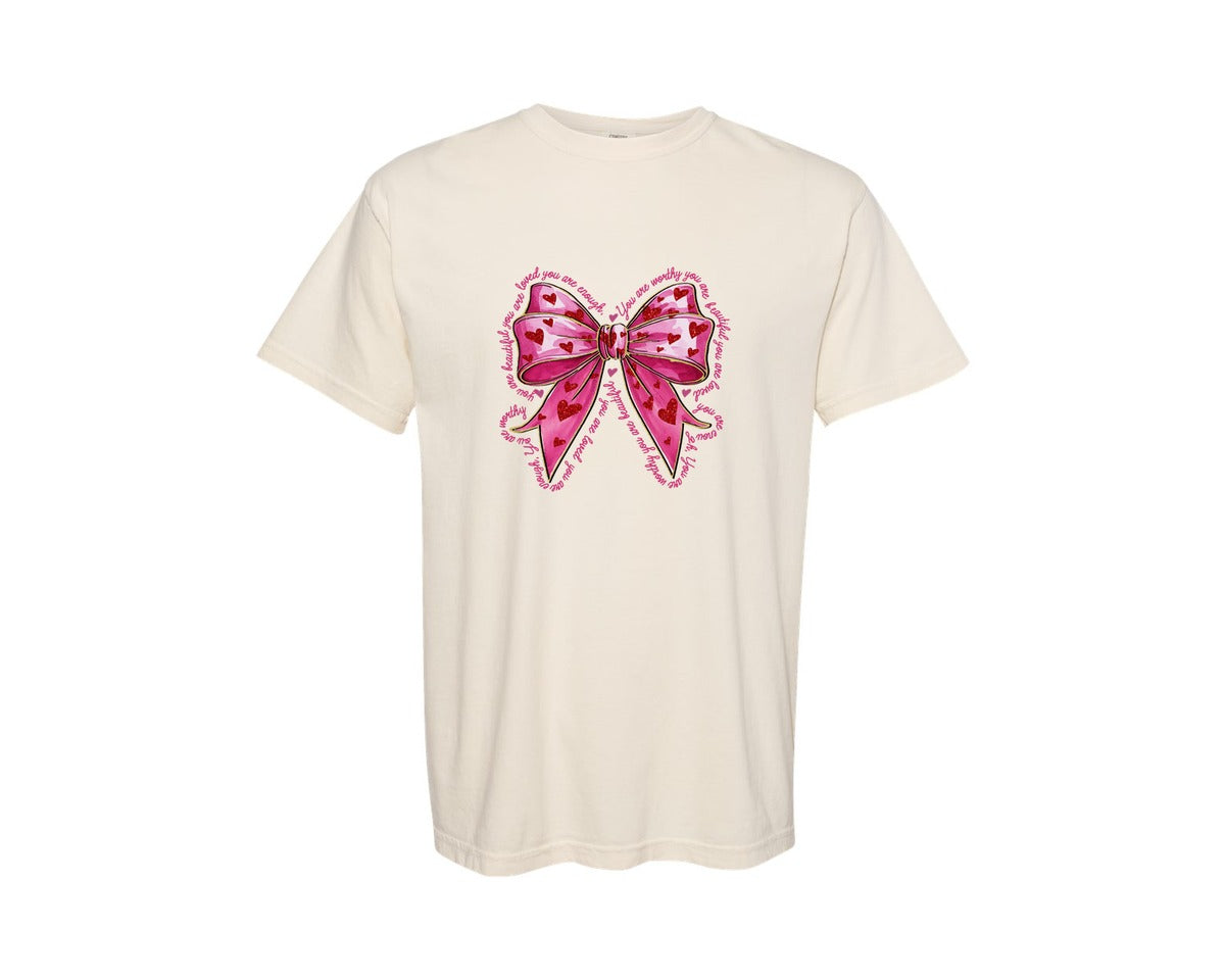 brand:Comfort Colors|color:Ivory|Pink Valentine Bow You Are Loved Graphic T-Shirt
