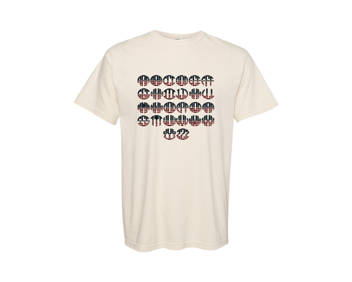 brand:Comfort Colors|color:Ivory|Vintage Usa Flag Wood Monogram Set Graphic T-Shirt