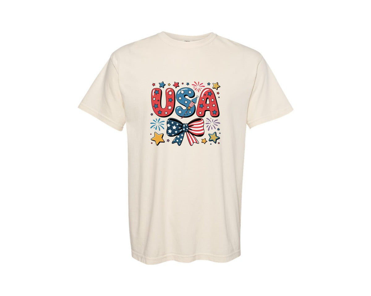 brand:Comfort Colors|color:Ivory|Patriotic Usa Bow Design 14 Graphic T-Shirt