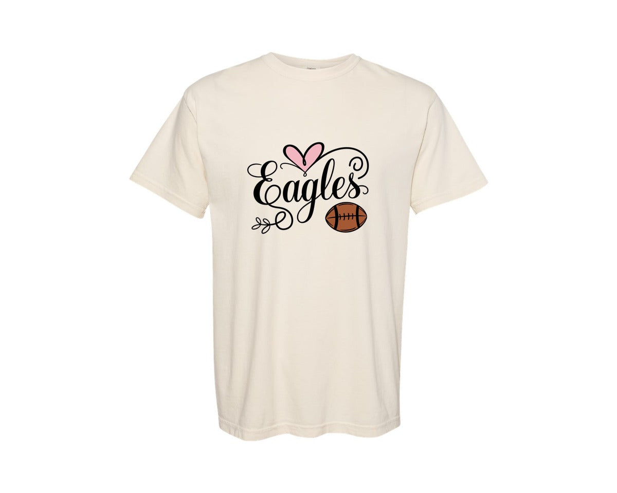 brand:Comfort Colors|color:Ivory|Eagles Football Mascot Pink Heart Graphic T-Shirt