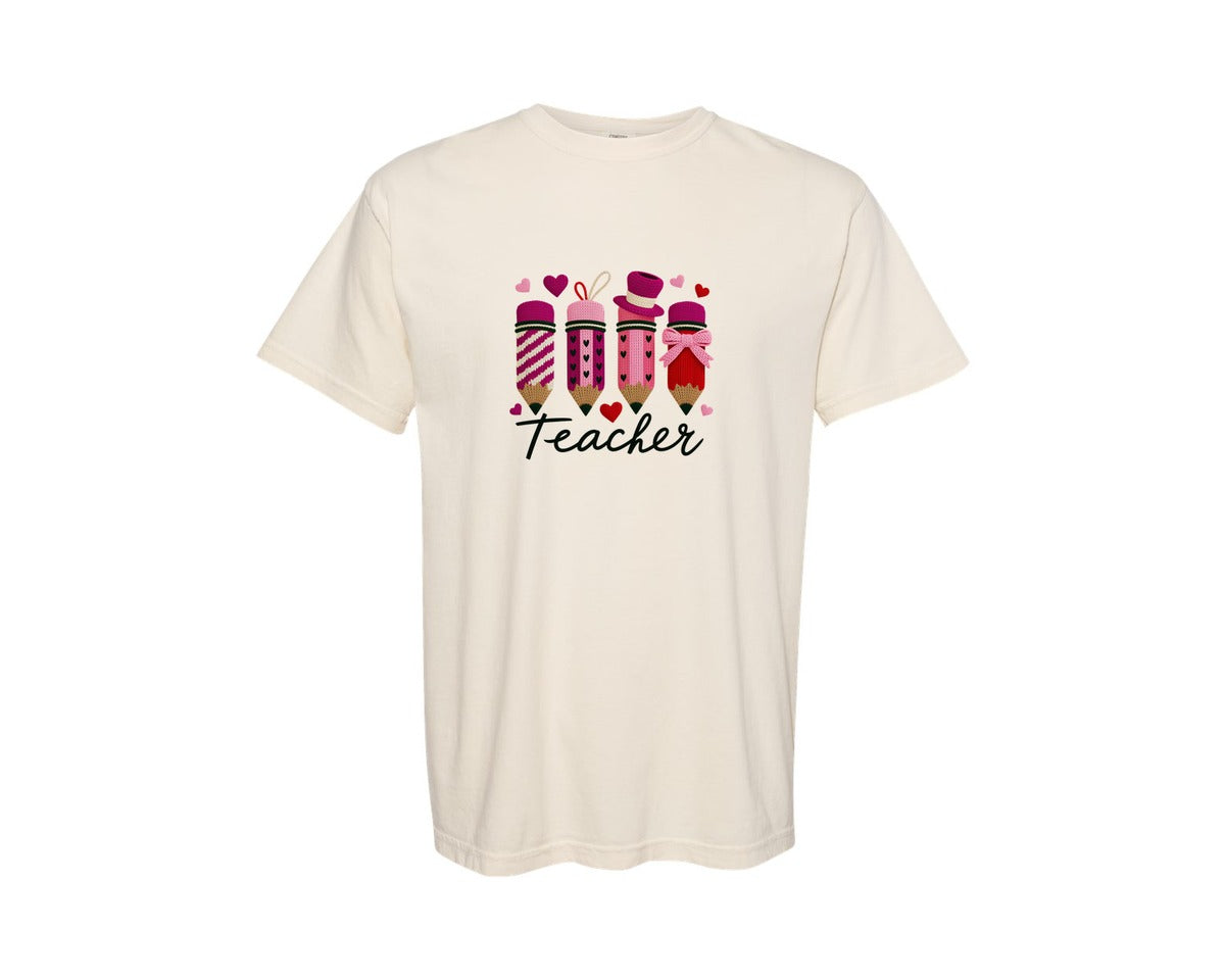 brand:Comfort Colors|color:Ivory|Faux Yarn Pencil Teacher Graphic T-Shirt