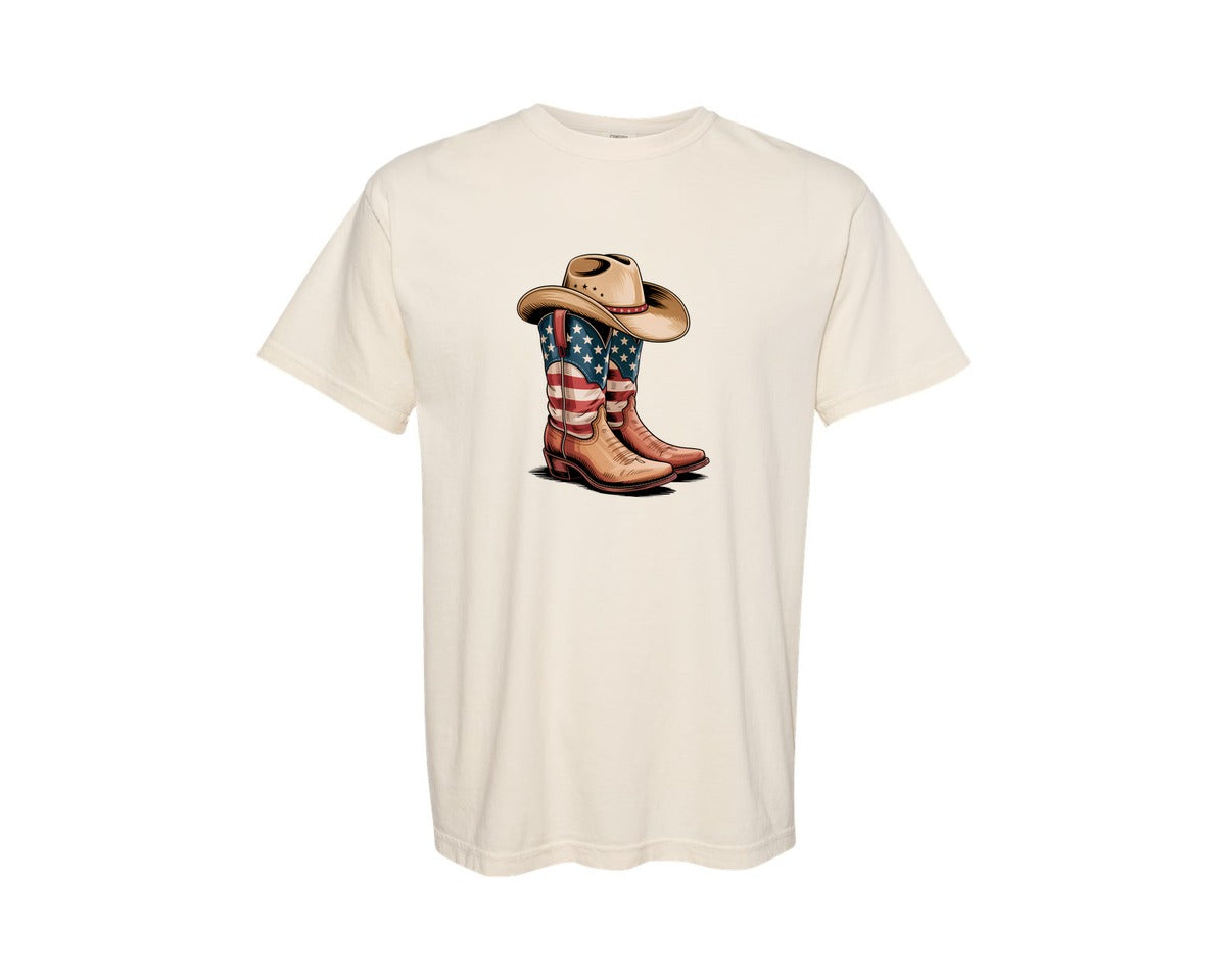 brand:Comfort Colors|color:Ivory|4Th Of July Cowboy Boots Watercolor Graphic T-Shirt