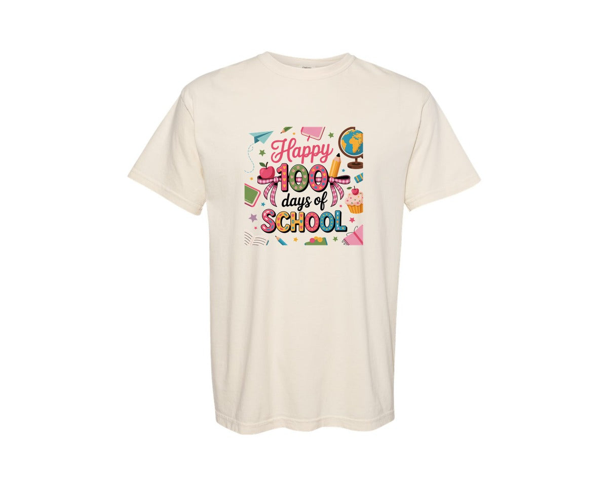 brand:Comfort Colors|color:Ivory|Happy 100 Days Of School Bow 3 Graphic T-Shirt