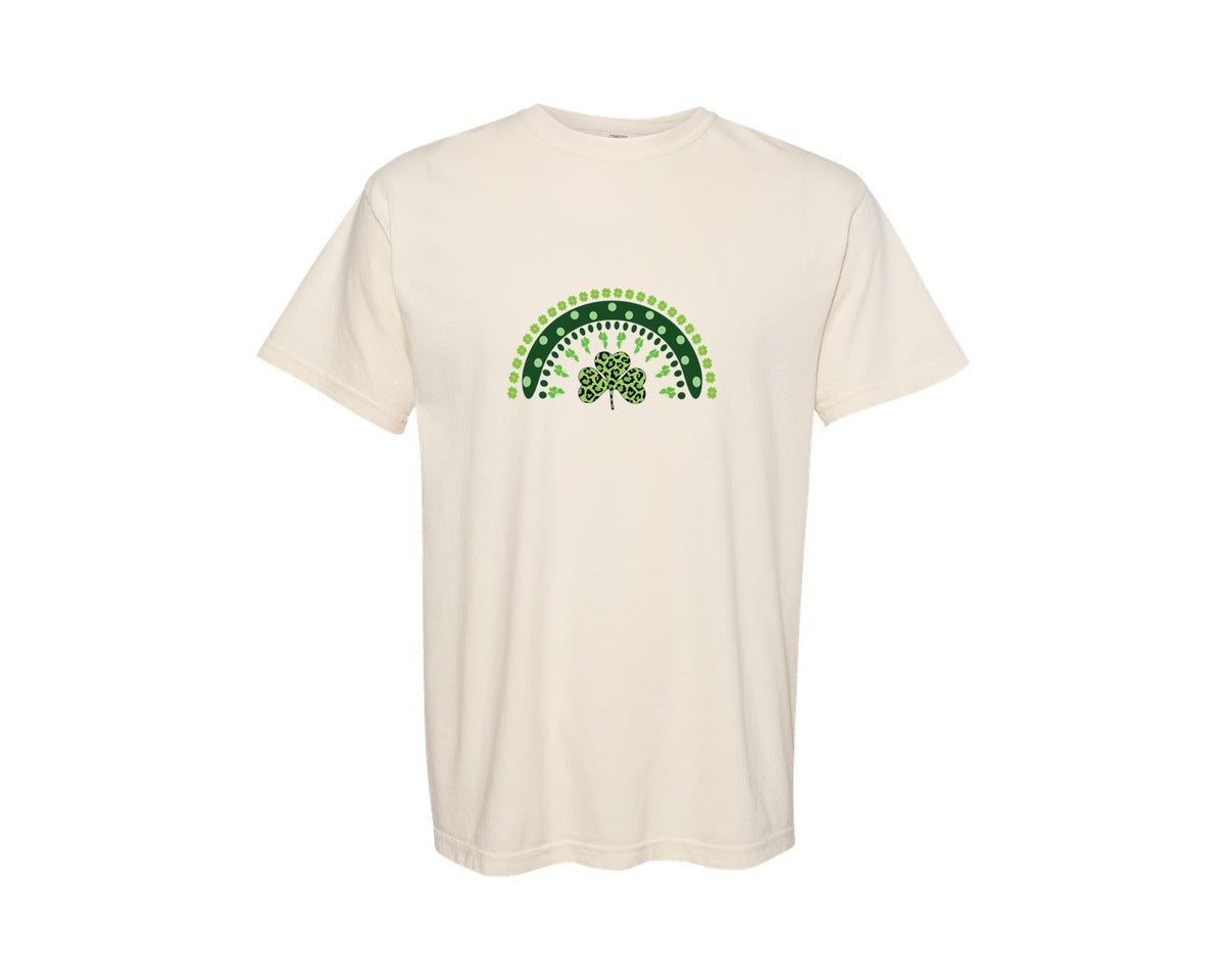 brand:Comfort Colors|color:Ivory|Leopard Shamrock Green Rainbow Graphic T-Shirt