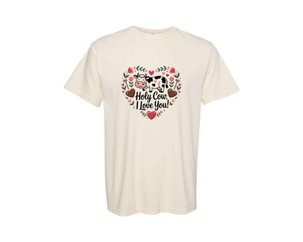 brand:Comfort Colors|color:Ivory|Holy Cow I Love You Cow Valentine Graphic T-Shirt