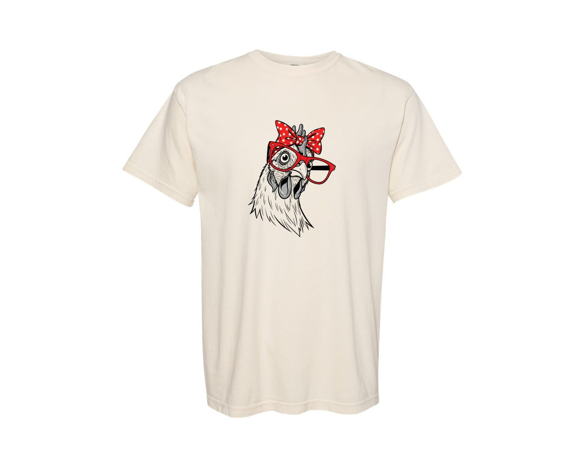 brand:Comfort Colors|color:Ivory|Funny Chicken With Glasses And Bow 2 Graphic T-Shirt
