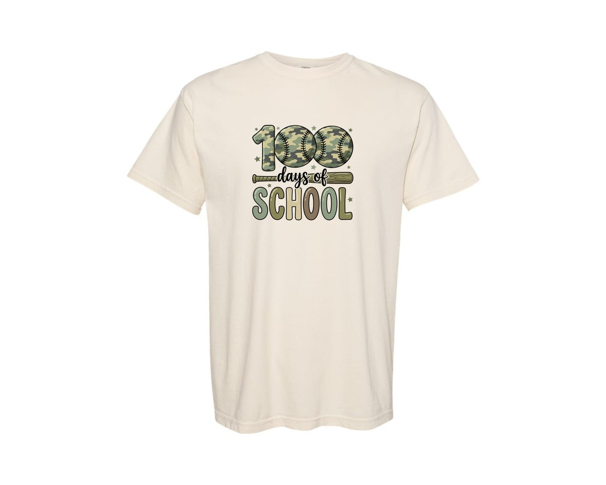 brand:Comfort Colors|color:Ivory|Camo Baseball 100 Days Of School Graphic T-Shirt