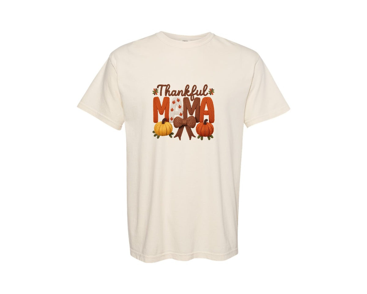 brand:Comfort Colors|color:Ivory|Preppy Thankful Mama Faux Yarn Bow Graphic T-Shirt