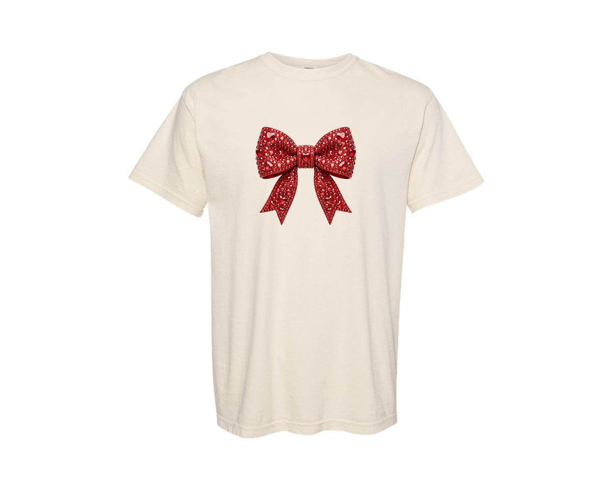 brand:Comfort Colors|color:Ivory|Rhinestone Valentine Coquette Bow Graphic T-Shirt