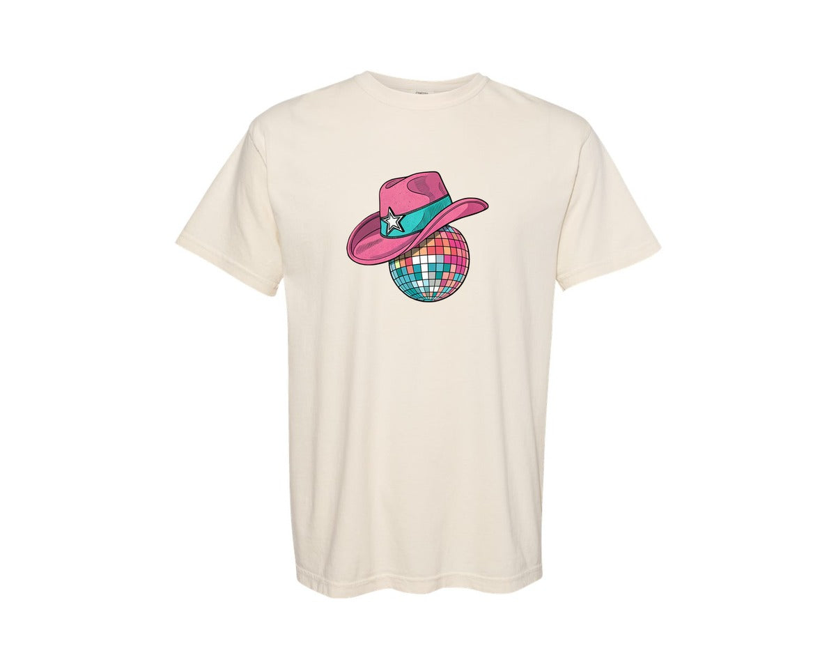 brand:Comfort Colors|color:Ivory|Western Cowgirl Hat Party Disco Ball Graphic T-Shirt