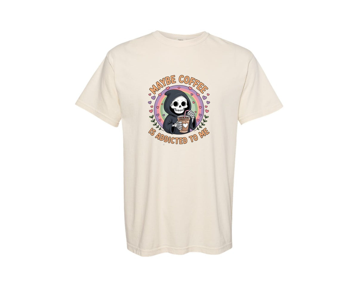 brand:Comfort Colors|color:Ivory|Grim Reaper Coffee Cute Goth Graphic T-Shirt