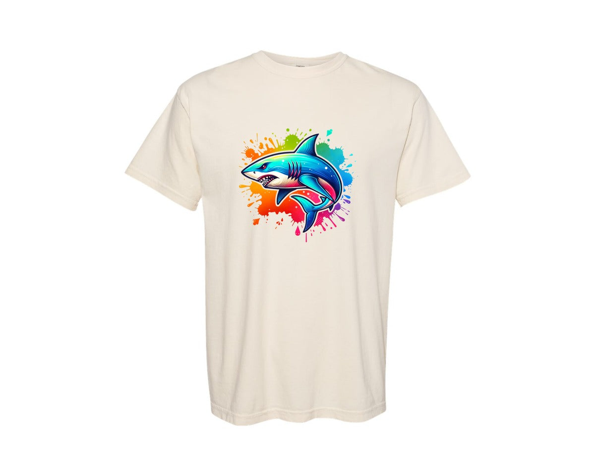 brand:Comfort Colors|color:Ivory|Colorful Ocean Shark Graphic T-Shirt