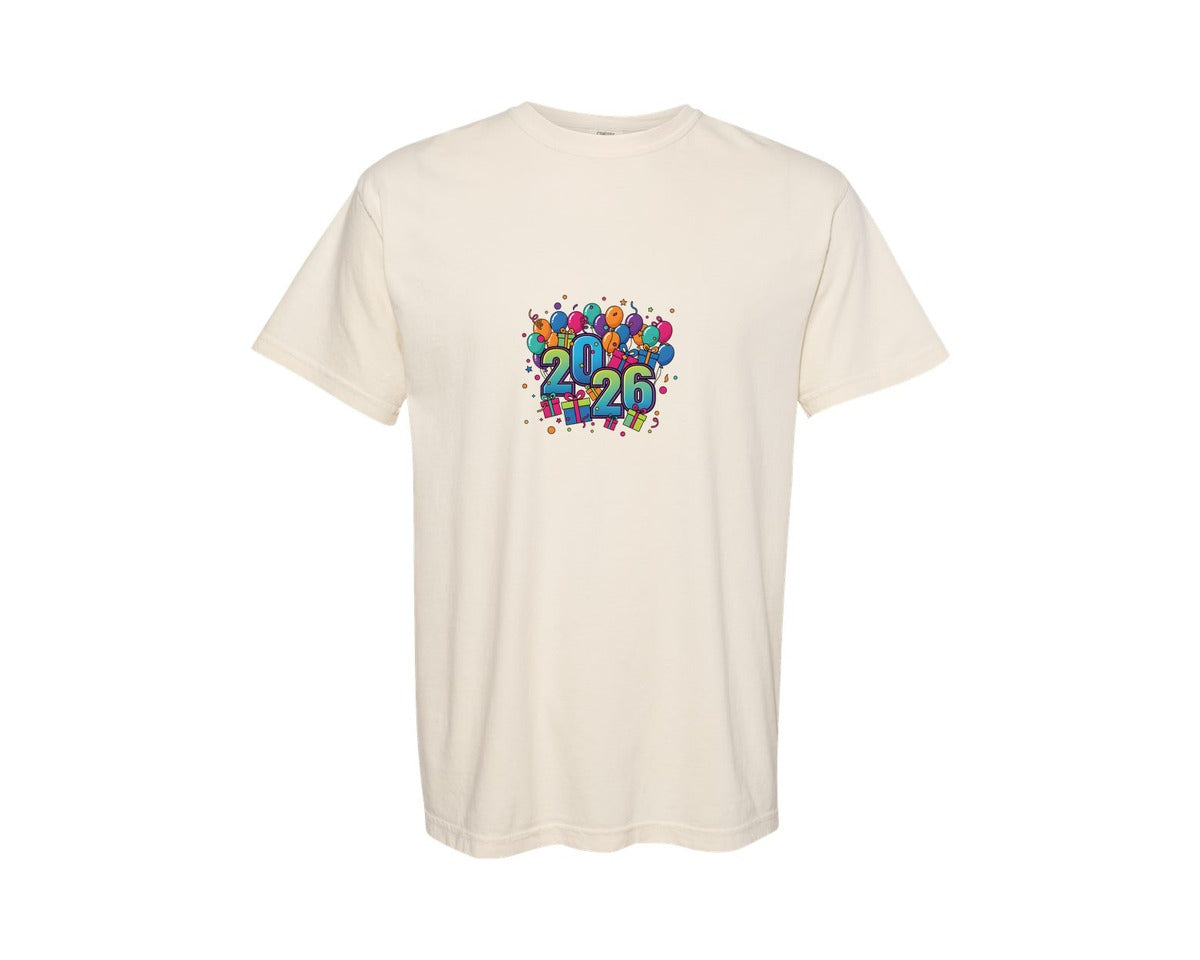 brand:Comfort Colors|color:Ivory|Happy New Year 2026 Balloons Gifts Graphic T-Shirt
