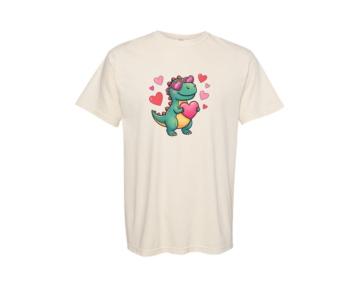 brand:Comfort Colors|color:Ivory|Cute Valentine Dinosaur Holding Heart 2 Graphic T-Shirt