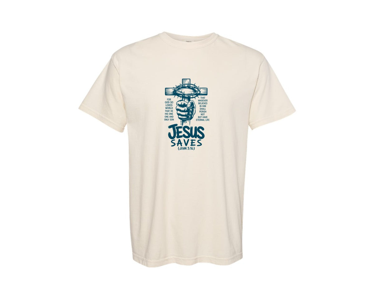 brand:Comfort Colors|color:Ivory|Jesus Saves John 316 Bible Verse Graphic T-Shirt