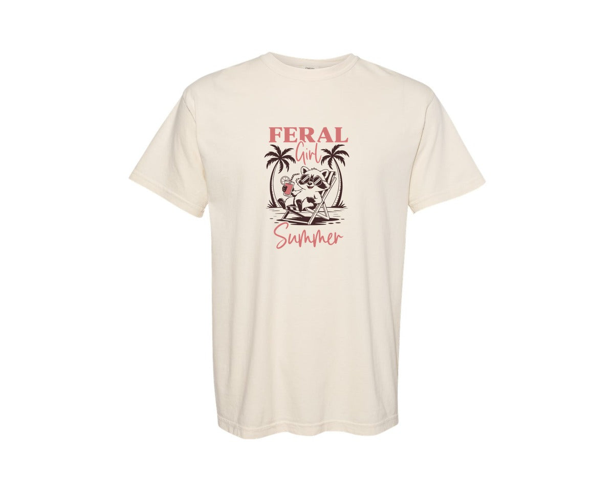 brand:Comfort Colors|color:Ivory|Feral Girl Summer Funny Raccoon Graphic T-Shirt