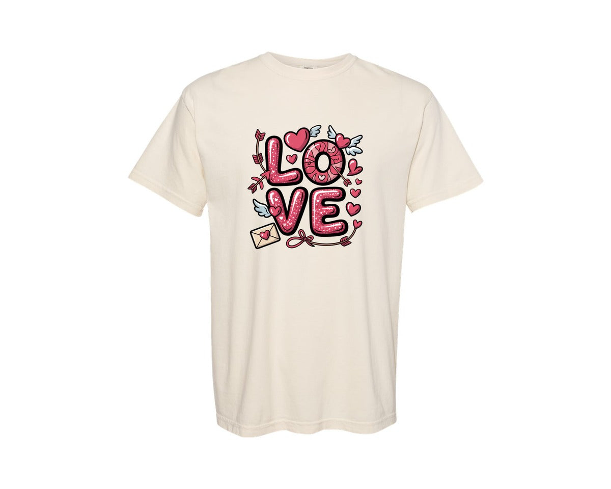 brand:Comfort Colors|color:Ivory|Glitter Love Valentine Hearts Graphic T-Shirt