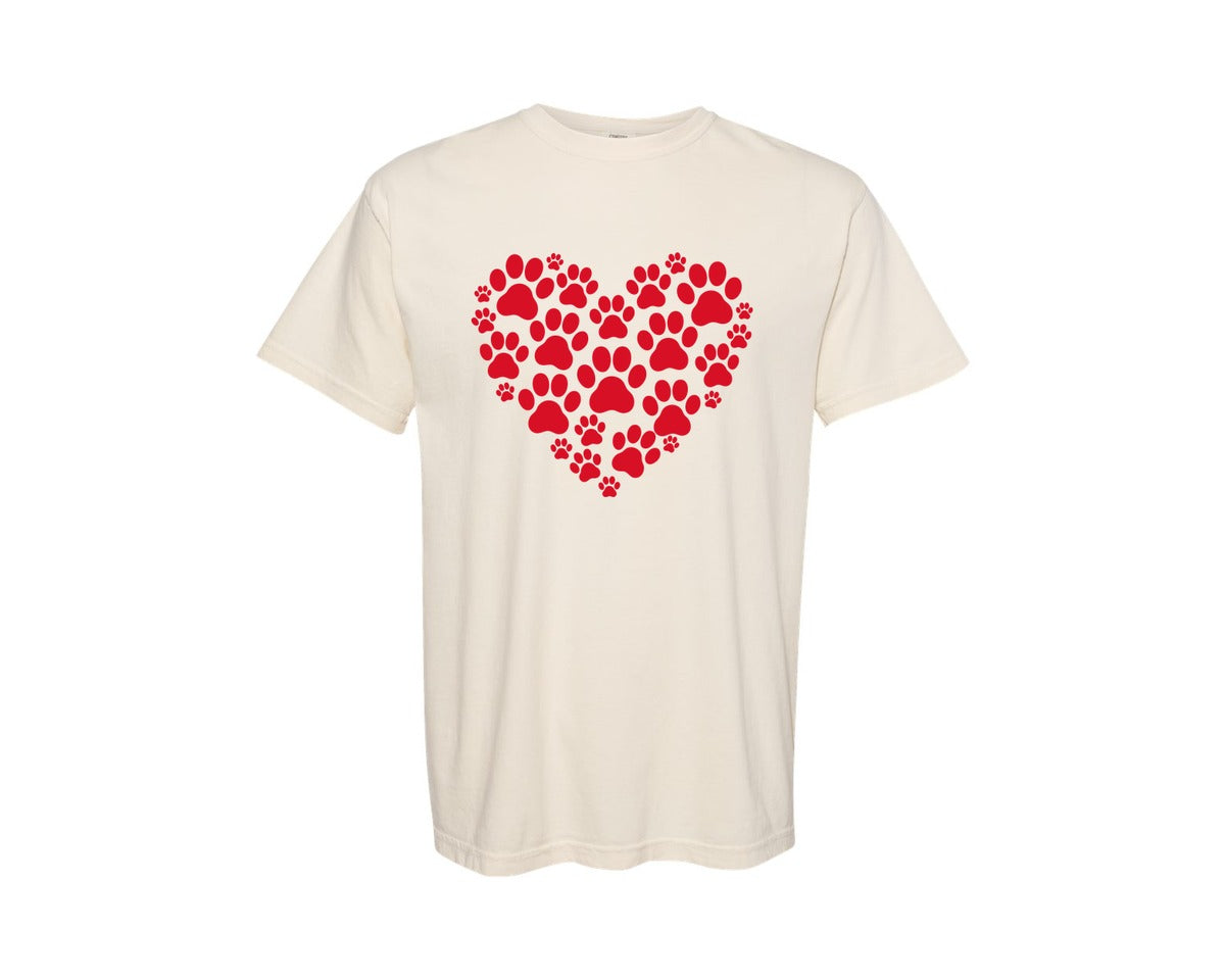 brand:Comfort Colors|color:Ivory|Paw Print Heart Cat And Dog Paw Graphic T-Shirt