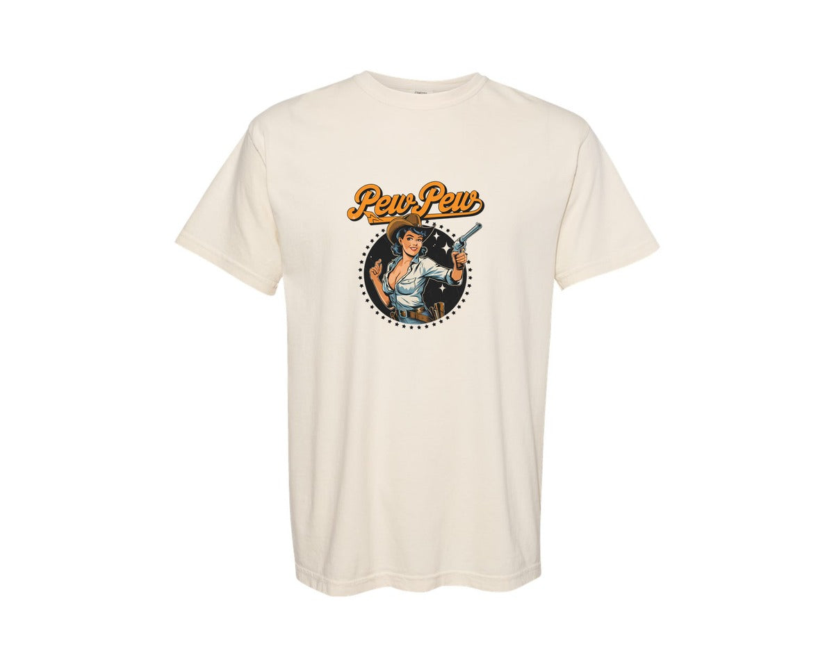 brand:Comfort Colors|color:Ivory|Pew Pew Cowgirl Western Graphic T-Shirt