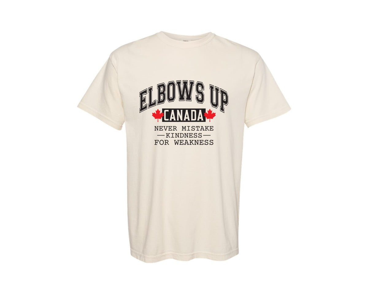 brand:Comfort Colors|color:Ivory|Elbows Up Canada Never Mistake Kindn Graphic T-Shirt