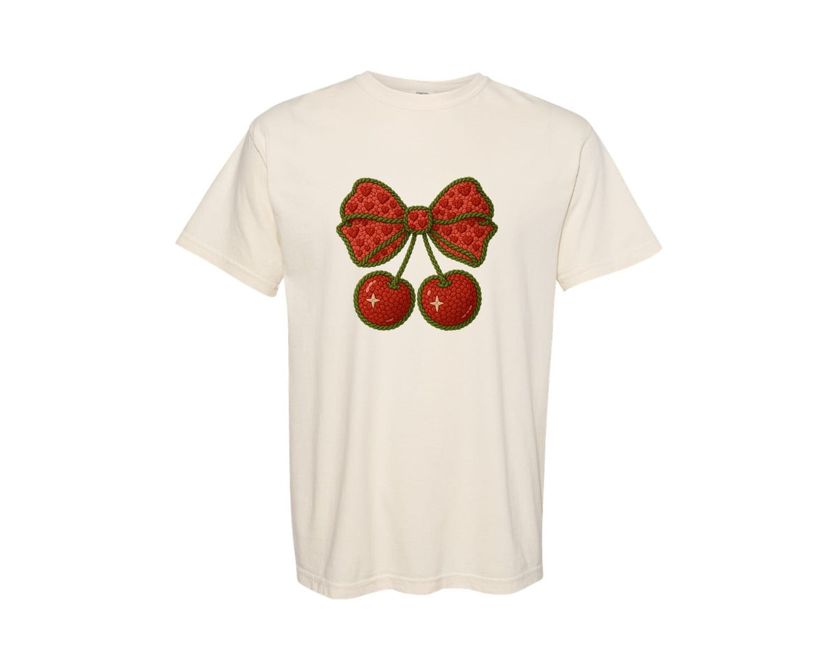 brand:Comfort Colors|color:Ivory|Latch Hook Faux Yarn Cherry Bow 3 Graphic T-Shirt