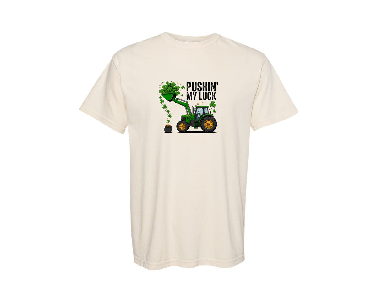 brand:Comfort Colors|color:Ivory|Pushin My Luck Tractor Design 2 Graphic T-Shirt