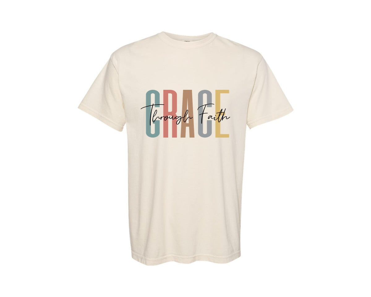 brand:Comfort Colors|color:Ivory|Grace Through Faith Christian Graphic T-Shirt
