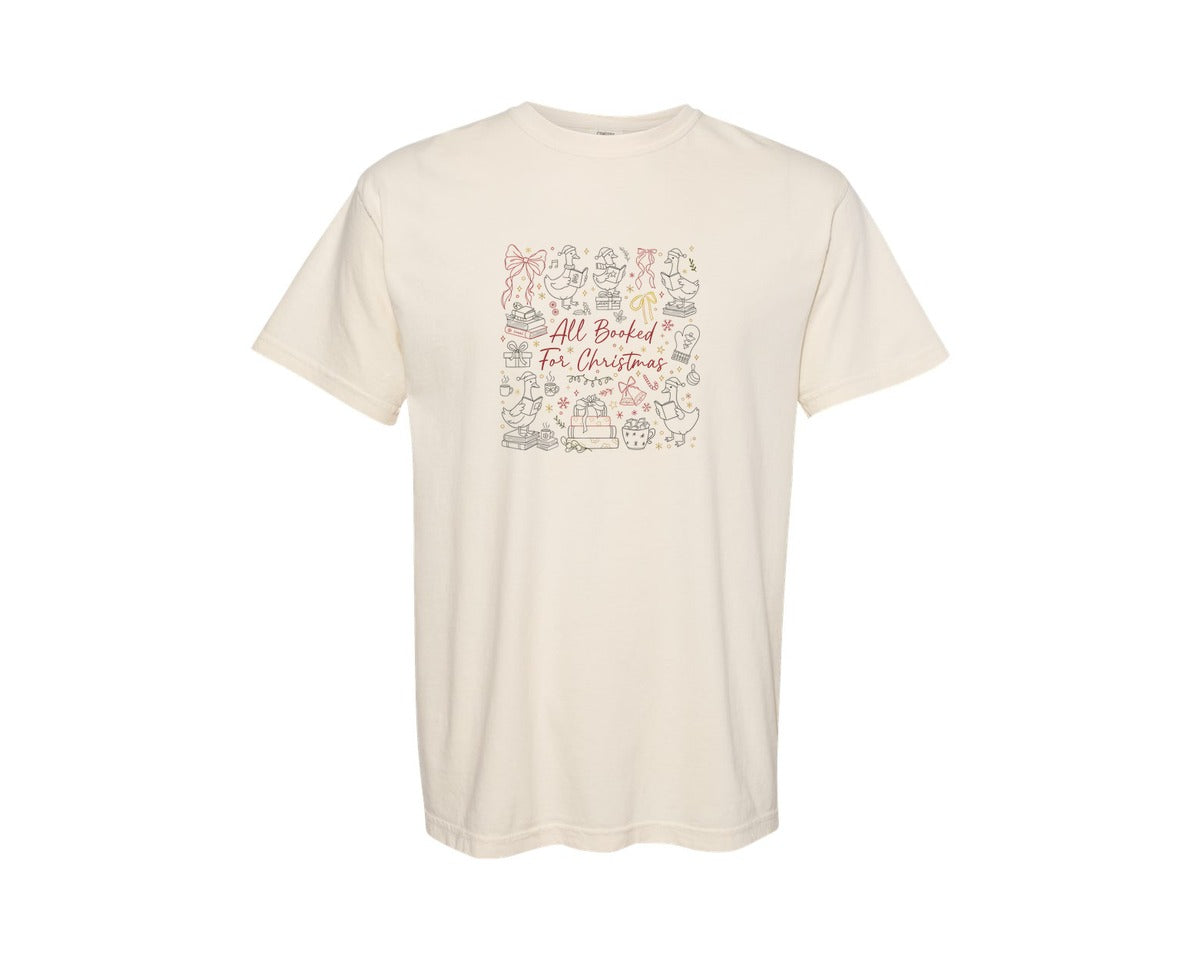 brand:Comfort Colors|color:Ivory|All Booked For Christmas Goose Reading Graphic T-Shirt