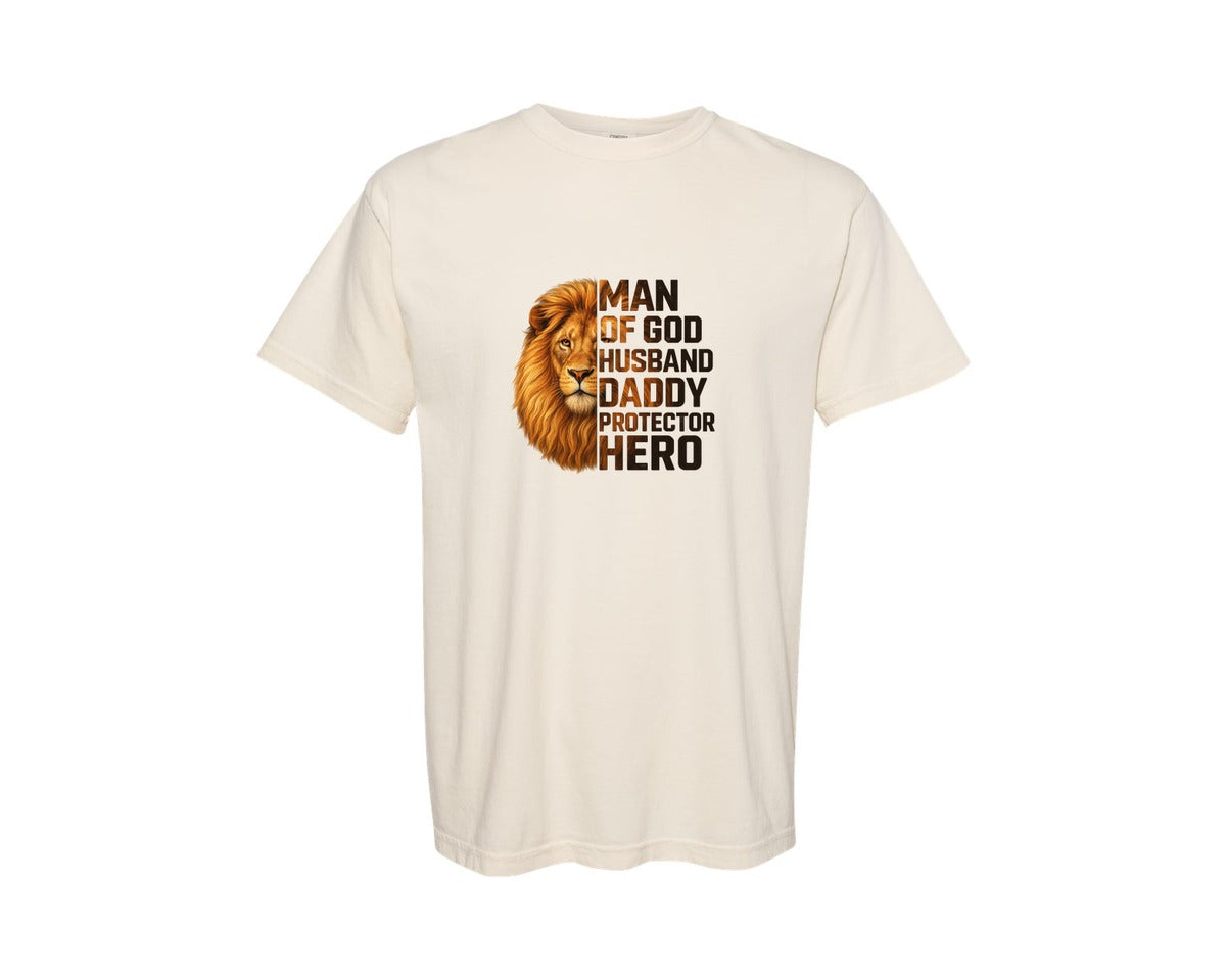 brand:Comfort Colors|color:Ivory|Fathers Day Lion Man Of God Graphic T-Shirt